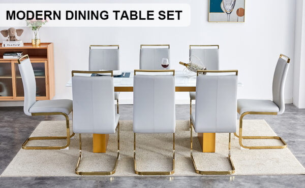 b7720aeffcd24572b3a470720bca300c_064d6f0d071e4a45100c5e9b42105c6a Table and chair set.Large modern rectangular table with 0.4 inch patterned glass tabletop and large MDF table legs.Comes with 8 chairs with faux leather cushioned seats and golden metal legs.