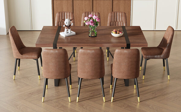 b7801e0b5ede46aa8d1cc4763a542c3d_6ea8eeeb85ed053a740340932425b3b4 Table and chair set.Industrial Style Walnut-Colored Rectangular Dining Table - 71"x39.3" Large Size.Paired with 8 Brown Suede Chairs.Brown armless dining chair,Suitable for kitchen,Dining room,etc.