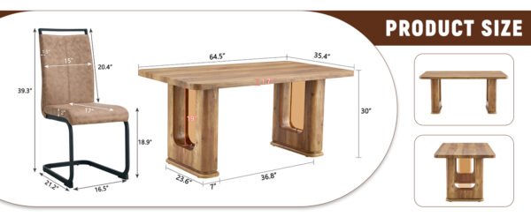 b7824991dac8468fbaf702068311510a_98198e8bf157873a358237c5c5740b59 Table and chair set.64.5 x 35.4 Inch Stylish Wood Color Textured Dining Table.Perfectly Blending Simplicity And Transparency.Paried With 4 Brown technology fabric chairs with arched black legs.