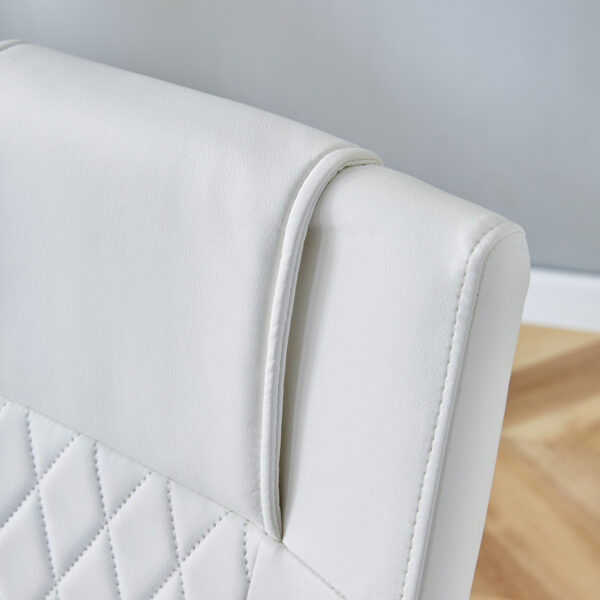 b79b8ddddfb9439f82d3bcb1324c03d0_0f08f9b4a51c81262b6d319b8c80b3f6 Table and chair set.71 * 35.4 inch rectangular dining table.Tempered Glass Tabletop,Silver 7-shaped Metal Table Legs.Paried With 6 White High-quality PU Chairs With Arched Metal Legs.