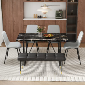 Table and chair set.Modern Black Marble Pattern MDF Dining Table Set - 55"x31.4" with 4 Extended Seat Cushion PU Dining Chairs and 1 Bench,A Choice of Subtle Luxury for Modern Homes.