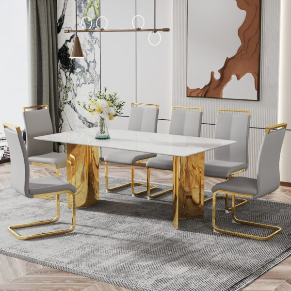 b7ae53cf68fd402ab83639b03b92f7c2_20231122_15028302697c80a259caf415fe04ce0b Modern minimalist dining table. The white imitation marble glass desktop is equipped with golden metal legs. Suitable for restaurants and living rooms 71 "* 39.3" * 29.5 "DT-69
