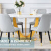 Table and chair set.Luxurious Snow Mountain White Slab Round Dining Table Set - 47"x47" with 4 Light Gray PU Chairs.Sintered Stone Tabletop,MDF Table Leg,