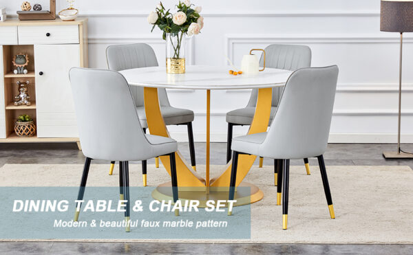 b7e7d8746e3140cbb0cde8a9c6901393_4d33ca3fdad576ea240b9e8a7db6a4b5 Table and chair set.Luxurious Snow Mountain White Slab Round Dining Table Set - 47"x47" with 4 Light Gray PU Chairs.Sintered Stone Tabletop,MDF Table Leg,