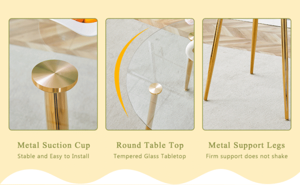 b7f37e5167b64e6fa3522d19171bd799_6bbe28096180a0dccba49eefbc7d8f5a A modern minimalist style round transparent tempered glass table with gold metal legs, paired with 6 modern PU leather high-back dining chairs ,bring a luxurious experience.