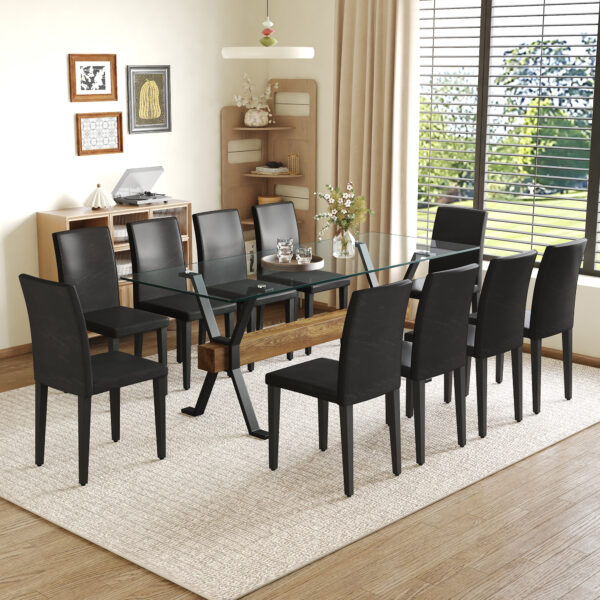 b806bb3af73f423f933464ab7d99a7d1_6959cf1c504c291c63231c9e3440f355 Table and chair set.79"x31.5" Inch Tempered Glass Tabletop With X-shaped Black Metal Table Legs,Wood Grain Textured MDF Crossbeam.Paired With 10 Black PU Dining Chairs, Simple And Versatile.