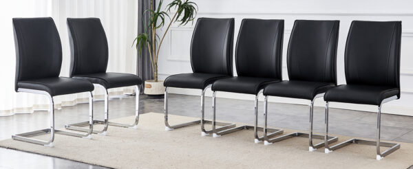 b81f2e13e52b454f88a6ade86f990ce7_c9af984f124a2b3b3258beb94f6626fd Luxury Simple Arch Chair - Set of 6 Black PU Material High Resilience Dining Chair with Arched Metal Silver Leg.