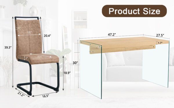 b82610b4e81040079c1bfd8337429343_bf22e74f6f24faa3177fa8cfdb9f9fd3 Table and chair set.Wood Texture MDF Coffee Table - Reinforced with Tempered Glass Legs.Paired with 4 brown technology fabric chairs with Featuring arched black legs.