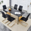 Table and chair set.63"x31.5x30"Black Texture With Lines Patterned Sintered Stone Table with Golden Stainless Steel Butterfly Legs.Paried With 6 Black High-quality PU Chairs With Golden Metal Legs.