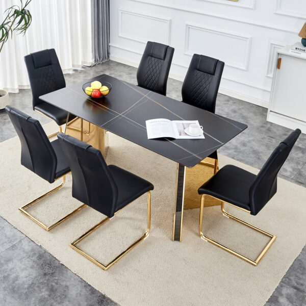 b82c42f13f30452d99a7b305462e38d2_ccbf84ff40b8755ae37428c14d600c30 Table and chair set.63"x31.5x30"Black Texture With Lines Patterned Sintered Stone Table with Golden Stainless Steel Butterfly Legs.Paried With 6 Black High-quality PU Chairs With Golden Metal Legs.