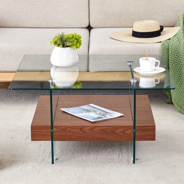 b830bfd7aa994895a5060549fa041978_1f837531a8abcc45fd7a55213e5590e5 31.4 Inch Modern Two-Tier Square Coffee Table - An Elegant Combination of Clear Glass and Dark Wood Texture Sticker It can be used not only as a coffee table but also as a side table or display stand.