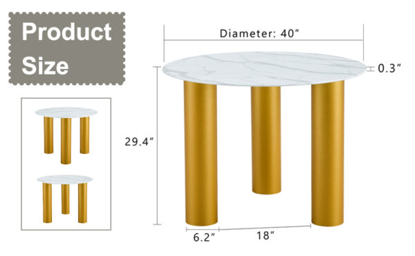 Round white dining table, artificial marble glass stickers, golden MDF legs, kitchen dining table, living room dining table 40 "* 40" * 29.4 "F-X03