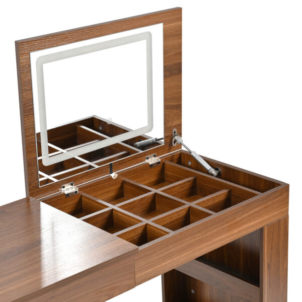 Vanity Desk with Mirror and Lights, Makeup Vanity Table with Flip-Top Tabletop and Storage 7 Drawers, 9 Compartments, 3 Shelves, 3 Color Modes Adjustable Makeup Table for Bedroom, Walnut