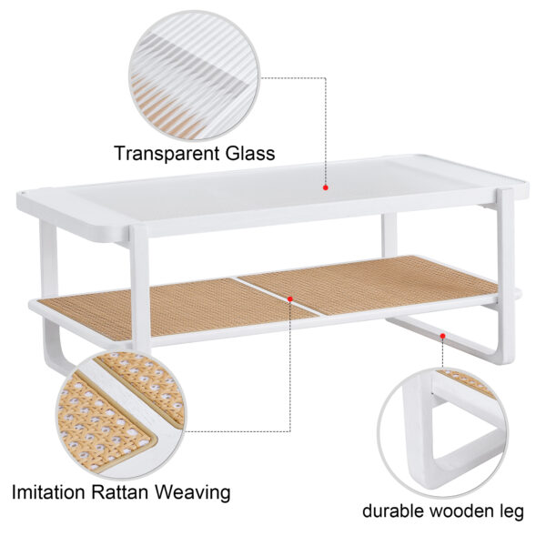 b85dff4a84e647e7a0cc374f6ac0ac4b_20240123_910e94515da3bf80abca516c62f5d973 Modern minimalist white double layered solid wood coffee table. Glass tabletop, imitation rattan edge table. Rectangular table suitable for living room, dining room, and bedroom