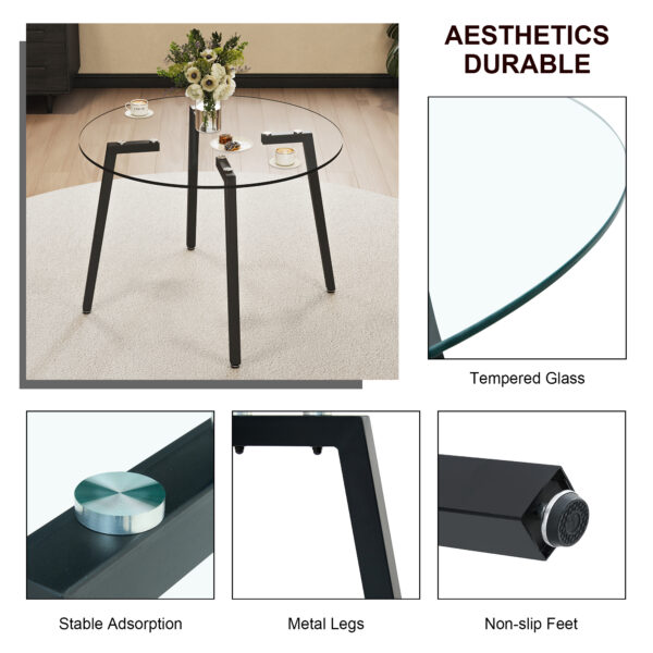 b8864111ce5b4fd3b6e9e7c618eee98c_20240207_8d36bc8a51fb3f677c2b52628ea9e9a8 Modern simple style round transparent tempered glass table, tempered glass table top, black metal legs, suitable for kitchen, dining room and living room, 40 "*40" *29.5 "1123r