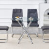 Table and chair set.36.6"Round clear glass dining table with a unique shape with ring-shaped gathered silver metal legs.Paired with 4 Dark gray high-quality PU dining chairs with silver metal legs.