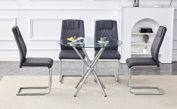 b89c4ef21e95411ca52164516da2939a_4711f7564e6e97aa4958dfa3da4a2d19 Table and chair set.36.6"Round clear glass dining table with a unique shape with ring-shaped gathered silver metal legs.Paired with 4 Dark gray high-quality PU dining chairs with silver metal legs.