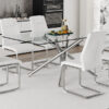 Table and chair set.Modern Luxurious Transparent Tempered Glass Dining Table Set with 6 Chairs.Single fork silver metal table legs.White high-quality PU dining chairs with silver metal legs.
