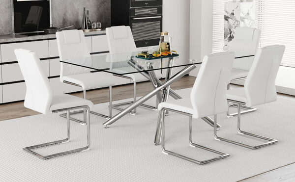 b8a04e498b4d4af6978fb34a2752fa61_a9da53b7fa2c23b3f24ab6e162747fdd Table and chair set.Modern Luxurious Transparent Tempered Glass Dining Table Set with 6 Chairs.Single fork silver metal table legs.White high-quality PU dining chairs with silver metal legs.