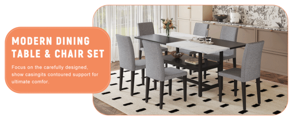 b8a08b84cb9e4af986465370df059630_bc5686b5a1a0c1db2cd94066c66833e3 Table and chair set.71*35.4 inch White And Black Spliced Dining Table With Storage Function In The Middle Of The Table Legs.Paired With 6 Light Gray Linen-Cotton Dining Chairs, Simple And Versatile.