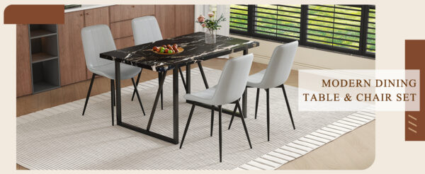 b8e25284890744ceb633ad4e105195ae_ec4e704b6bd8ce7ba6429ed3ff13f020 Table and chair set.Modern Black Marble Pattern MDF Dining Table Set-55"x31.4" with 4 Extended Seat Cushion PU Dining Chairs.Light Gray Cushion.Iron Pipe Spraying Chair Legs.