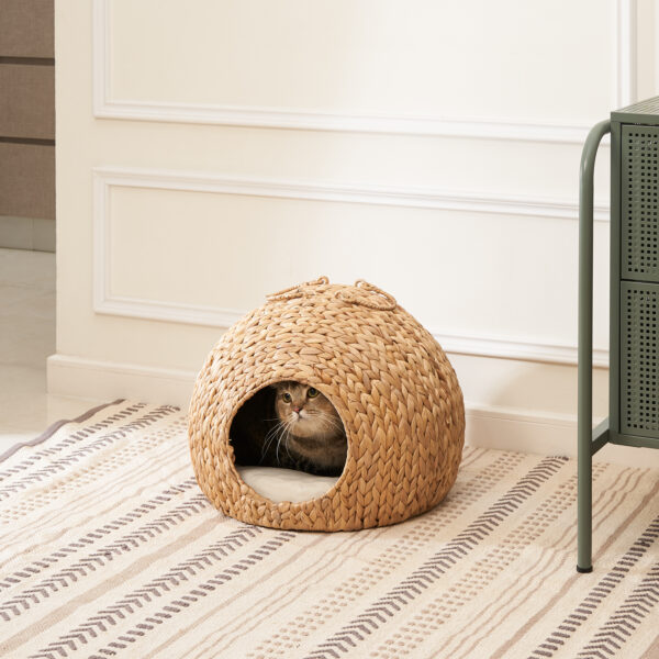 b8ead2bd58b240489642cbbcd3f65197_20240320_c4cb5cad174b8b6ff968f9004754cb3a Gertrude Water Hyacinth Woven Wicker Round Cat Bed Cave with Handles - 18" x 18" x 18" - For Any Size Cat Breeds, Chihuahua and Use with Cat Tower