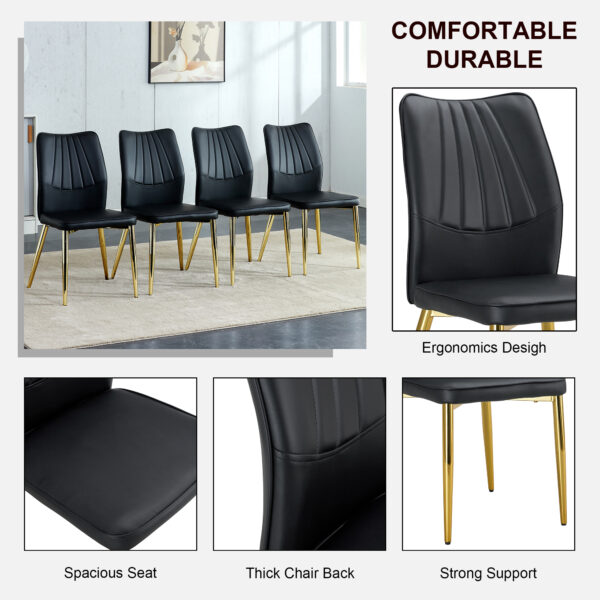 b91e6492323945c58d035479066d6709_20240205_9884fa066484645ca8a2d4728a790f73 Four black dining chairs. A medieval modern chair made of PU material with soft cushions, equipped with golden metal legs. Suitable for restaurants and living rooms