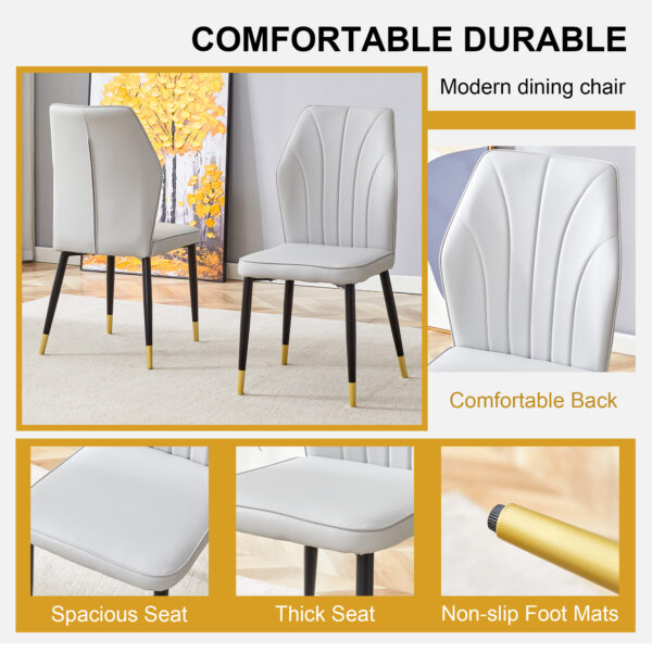 b91f2815b1ea4d07aa64737734d8fb90_e401a5c7ae4e0bf70611ea3f57dec47f 4 light gray modern dining chairs with stylish PU patterned backrest and black metal legs for a comfortable home experience in the kitchen, bedroom and office.