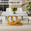 A large modern minimalist rectangular dining table suitable for 6-8 people,  A set of 4-piece PU leather backrest and black metal legs modern dining chairs.  F-OC  C-007