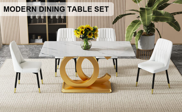 b92ae06583da4cdf8499d4908587ee8a_20240306_e90f07423f511729543c73c684a4e595 A large modern minimalist rectangular dining table suitable for 6-8 people, A set of 4-piece PU leather backrest and black metal legs modern dining chairs. F-OC C-007