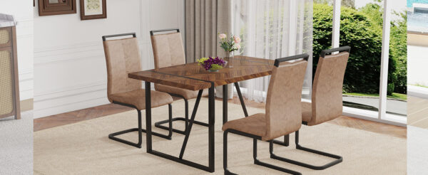 Table and chair set.A retro rectangular dining table with fishbone patterned MDF desktop and black metal legs.Paired With 4 Brown technology fabric chairs with Featuring arched black legs.