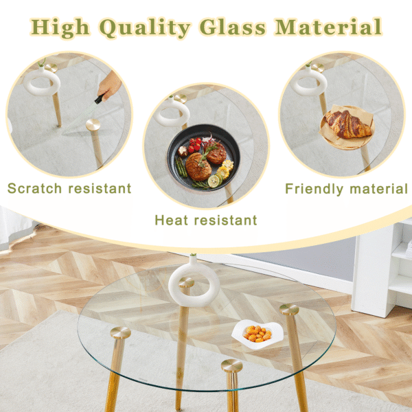 b942926e928f41b8bcbf1ae0307b1e23_f23219c3cf132499e345acd7436d5edd A modern minimalist style round transparent tempered glass table with gold metal legs, paired with 4 modern PU leather high-back dining chairs, bring a luxurious experience.