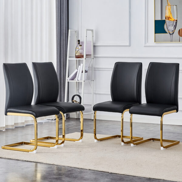 b95a05cf258a4fdd9018369ca6cf9041_e665ffbb922d6ead39e0587504964ea3 Luxury Simple Arch Chair - Set of 4 BLACK PU Material High Resilience Dining Chair with Arched Metal Gold Leg.
