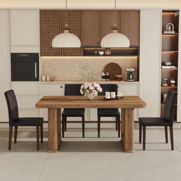 b966db7907724257bb614f71f880d0a6_6e60bae5a9f3b13506c928d6a3f5ddd1 Table and chair set.64.5 x 35.4 Inch Stylish Wood Color Textured Dining Table.Perfectly Blending Simplicity And Transparency.Paried With 4 Black PU Dining Chairs with Walnut Color Metal Leg.