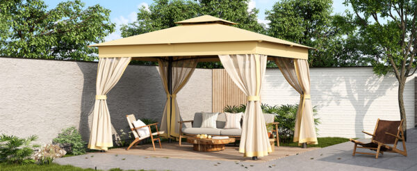 TREXM 10x12 Outdoor Gazebo Tent with Double Roofs, Patio Gazebo with Mosquito Netting, Patio Canopy for Backyard, Garden, Lawn and Deck (Beige)