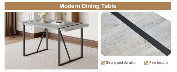 b98a6b0b43954fc4ad7fb6a44b6cbf09_f95b3d70f34a685197e92024962a50ca Table and chair set. Modern minimalist grey marble textured MDF dining table with metal frame. Comes with chairs with 4 PU cushions and black metal legs.