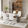 Table and chair set.63"x31.5x30" Luxurious Snow Mountain Patterned Sintered Stone Table with Silver Stainless Steel Butterfly Legs.Paried With 6 White High-quality PU Chairs With Arched Metal Legs.