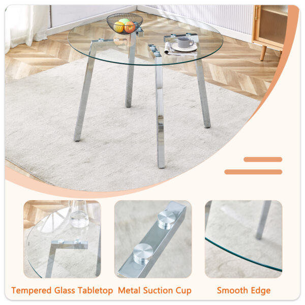 b99878f85f2e47ea927c53f5556454c4_99ebeeb4820b45aa41e65e62a5abad83 Table and chair set.Modern circular transparent tempered glass table, tempered glass tabletop, silver metal table legs.A Set of 4 Black PU Comfort Dining Chairs with extended backrest.