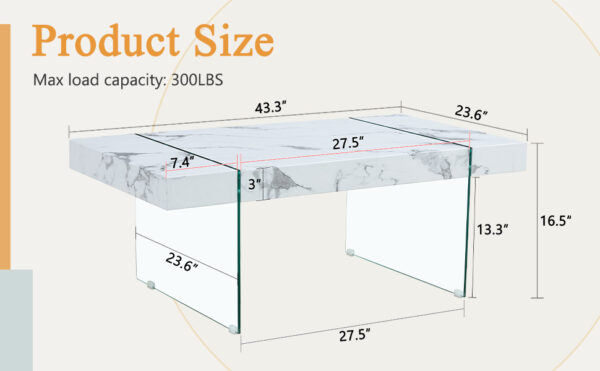 b9bc47f393a94ed9b22b41317e18464f_20a9fe2397ede98c32f5555a031a41f1 43.3"x23.6" White Marble-Patterned MDF Coffee Table with Tempered glass legs.Suitable for Living Room.It can be used not only as a coffee table but also as a side table or display stand.