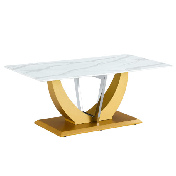 b9cd633e598345c28251b8601785a847_ca6fadf69581a3c44c3dd58601f17767 Coffee table.Modern minimalist Tempered glass with sticker desktop ,golden MDF legs and stainless steel decorative columns. Lightweight and easy to move. CT-907