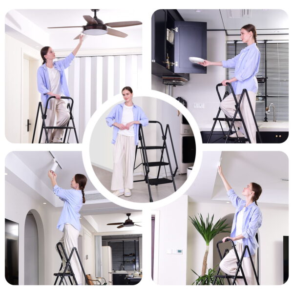 b9fbcb294f07459ba2ad6e2f503473ba_9ff0683731a30f2cba6c9c1ec38e193b Four step ladder, lightweight folding four step stool, wide anti slip pedal and safety handle, sturdy steel ladder, multi-purpose step ladder, suitable for home, kitchen, and office elevators