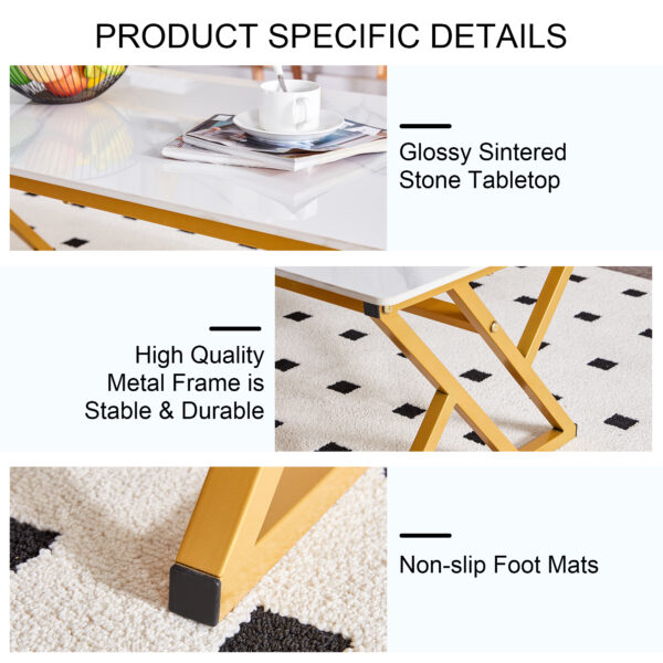ba2adc5317bc4a2ea114d96f4480c997_ddc23da4e9af38d004b2a87724c80d6c A coffee table made of rock slab material, with a smooth and natural surface that complements the modern design of the golden metal legs, making it suitable for living rooms of all sizes.47*23.6