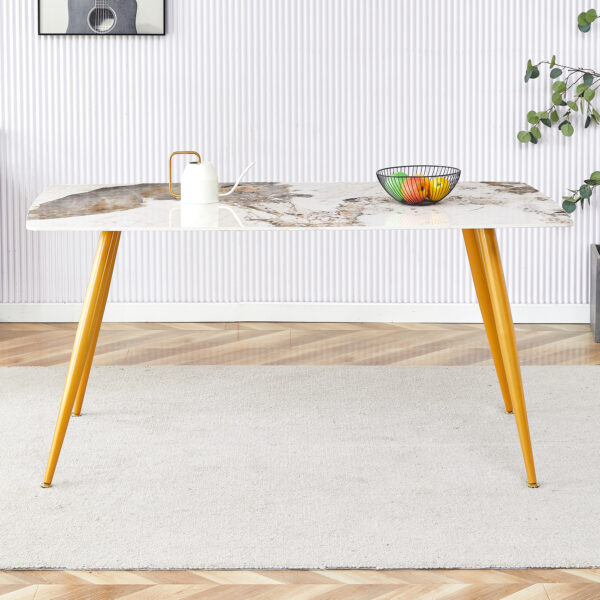 ba2f658751254a2398a353fc781cd4c0_a0df4fe11a1ff97c467583b9e8af7989 Modern minimalist dining table. White imitation marble pattern SINTERED STONE desktop with golden metal legs.62.2"*34.6"*30" F-001