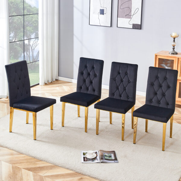 ba603702cf7d4044b6b754cc43dfb688_c548dedb3a57168336ee961157c603b8 4 piece dining chairs.The gold metal legs complement the black velvet, showcasing a perfect blend of modern and classic elements.Suitable for various occasions such as kitchens,conference rooms, etc.