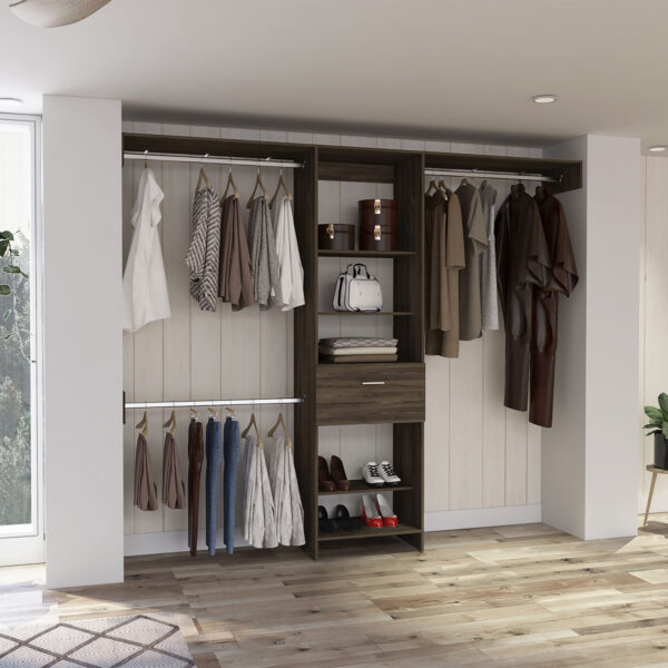 ba7c001bd3d746019471b87618cb0207_9628543c4445a1e2bbd28a255e1dfe64 Cross Closet System, One Drawer, Three Metal Rod, Five Open Shelves