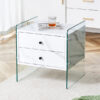 Double-drawer bedside table. The board surface is MDF sticker, and both sides are transparent tempered glass. The design is simple and elegant, with excellent storage functions.
