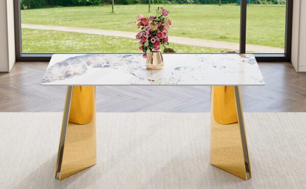ba8f876edf794362a58ab77fa4166dd7_fcc425da4095a3c3b51d9536b1266d14 63"x31.5x30" Pandora Patterned Sintered Stone Dining Table with Golden Stainless Steel Butterfly Legs.The tabletop is designed to be scratch and heat resistant.Slabs Tabletop,Stainless Steels Legs.