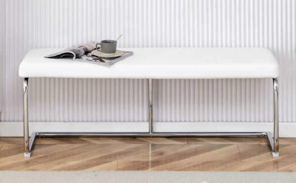 White shoe changing stool, silver metal legs, sofa stool dining chair, suitable for bedroom ,fitting room, storage room, dining room, living room. 005
