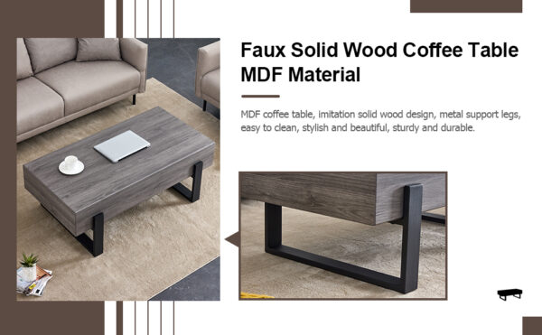 bab405388db74fa7a4ed78a9813e855e_20240122_5907dee245aafbedf0937e95826db24c A rustic gray wood grain MDF coffee table with black metal legs - an elegant space in natural wood tones