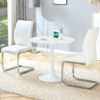 Table and chair set.Hourglass-Shaped Stable Small Round Table -31.9" * 31.9" With 2 Soft and Comfortable White PU Chair With Arched Metal Silver Leg.Create Your Exclusive Low-Key Luxury Space.